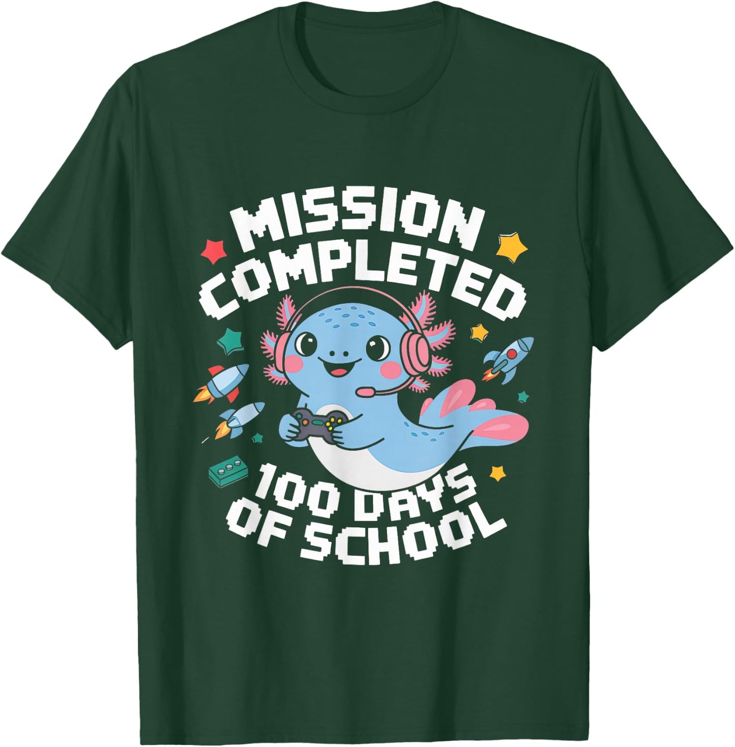 100 Days Of School Boys 100th Day Of School Gamer Axolotl T-Shirt - T-Shirt | Forest