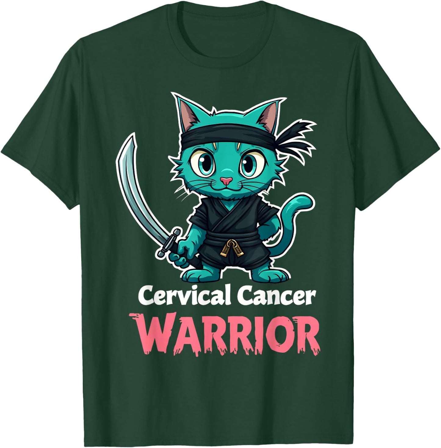 Proud Cervical Cancer Warrior Awareness Teal Ninja Cat T-Shirt - T-Shirt | Forest