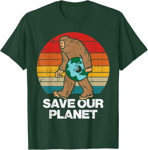 Save Our Planet Bigfoot Sunset Retro Earth Day Sasquatch T-Shirt - T-Shirt | Forest