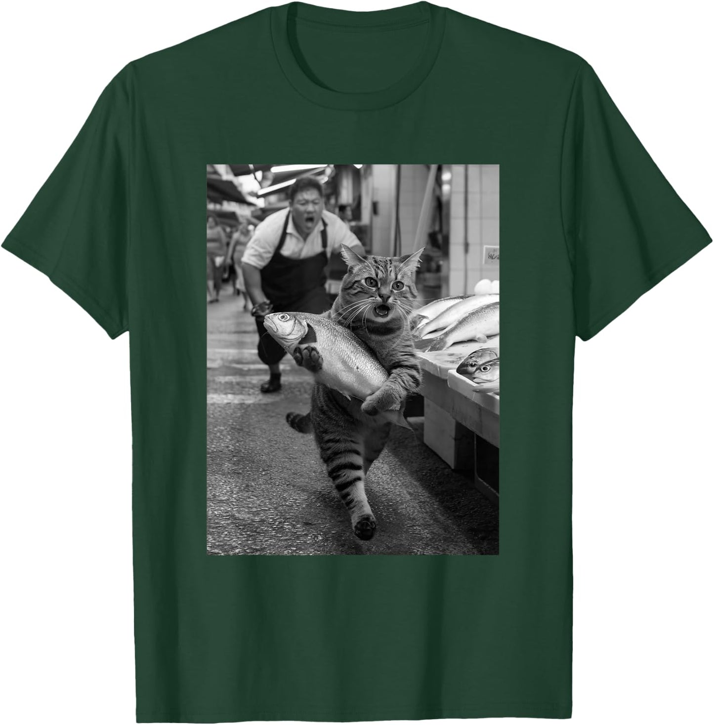 Lustiges schwarz-weißes Meme im Vintage-Stil, Motiv „Katze stiehlt Fischmarkt“ T-Shirt - T-Shirt | Forest