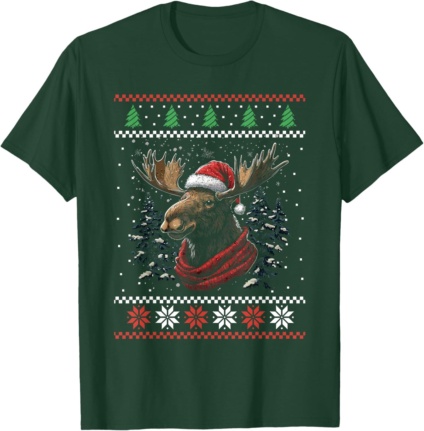Moose Santa Hat Ugly Christmas Sweater Xmas T-Shirt - T-Shirt | Forest
