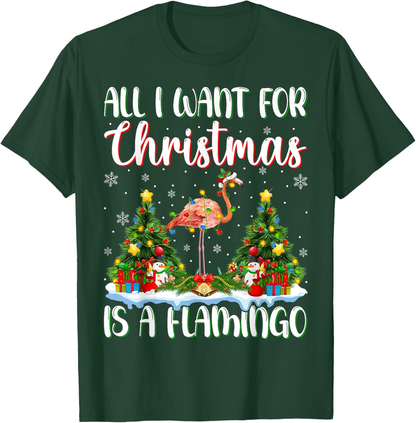 I Want For Christmas Is A Flamingo Bird Xmas Tree Lights T-Shirt - T-Shirt | Forest