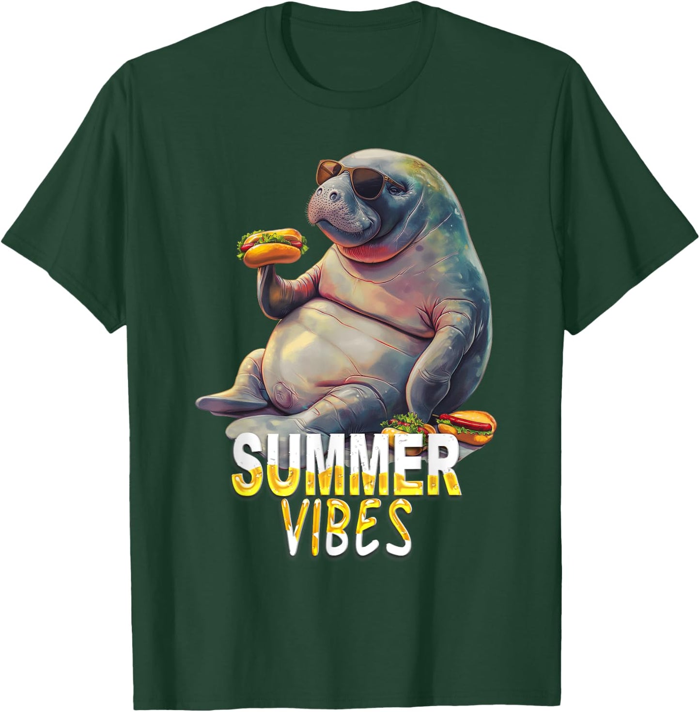 Manatee Eating Hot Dogs - Summer Funny Design T-Shirt - T-Shirt | Forest