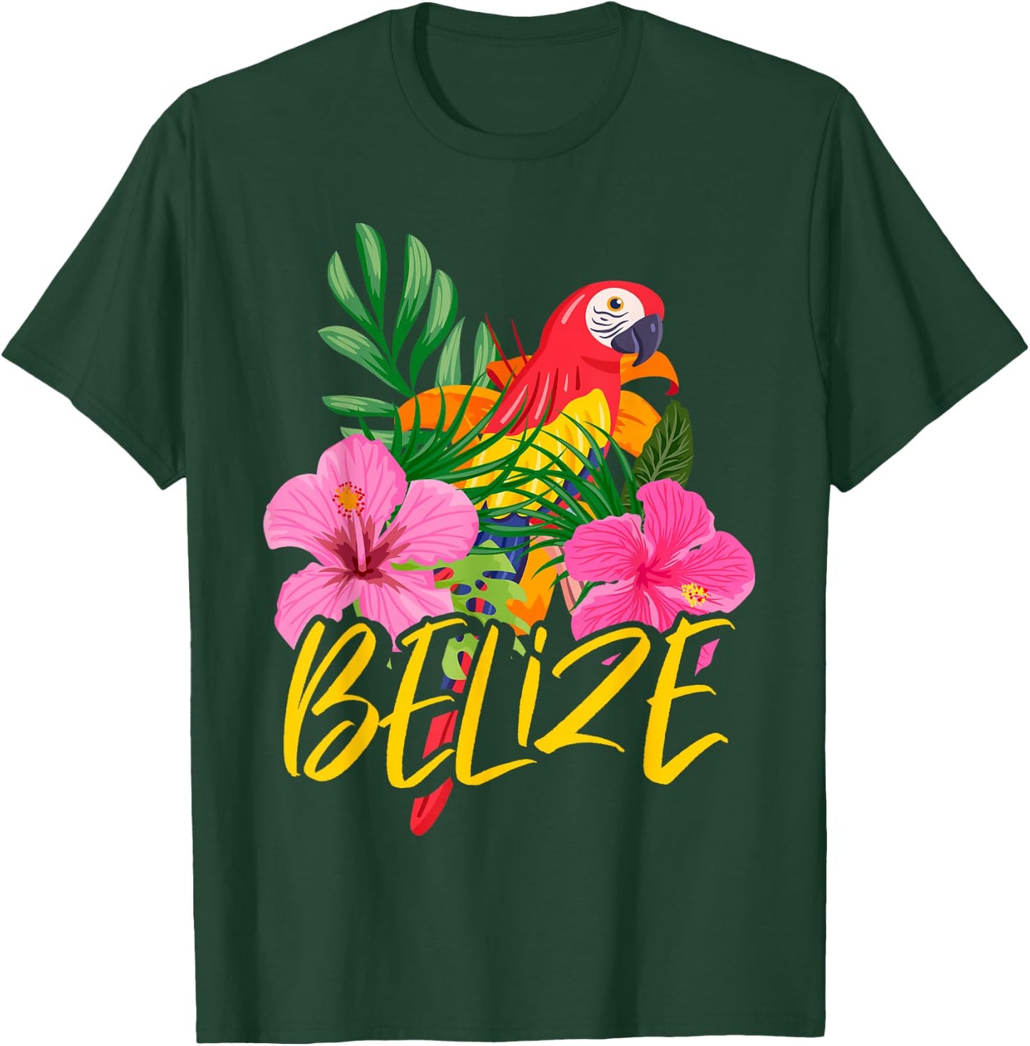 Belize Souvenir Macaw Parrot Hibiscus Flowers T-Shirt - T-Shirt | Forest