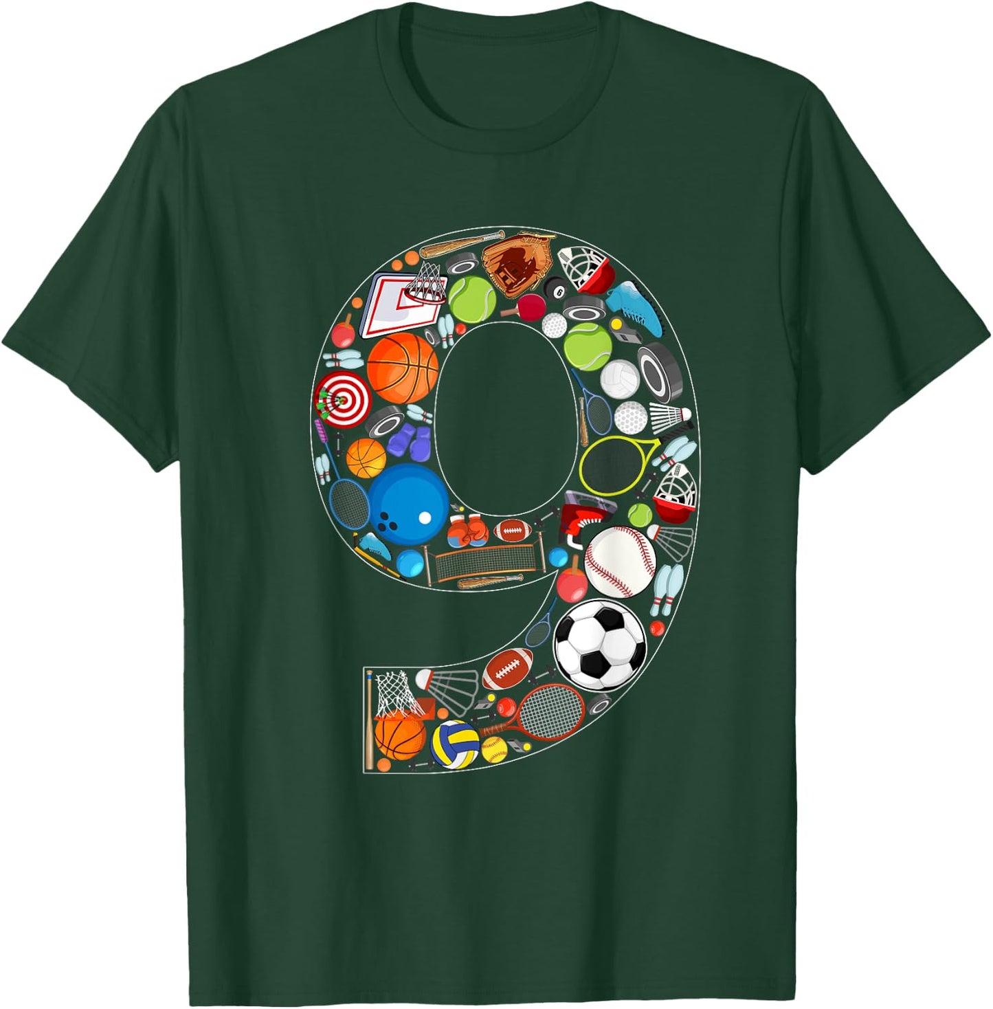 9th Birthday Sports Themed 9 Year Old Party Kids T-Shirt - T-Shirt | Forest