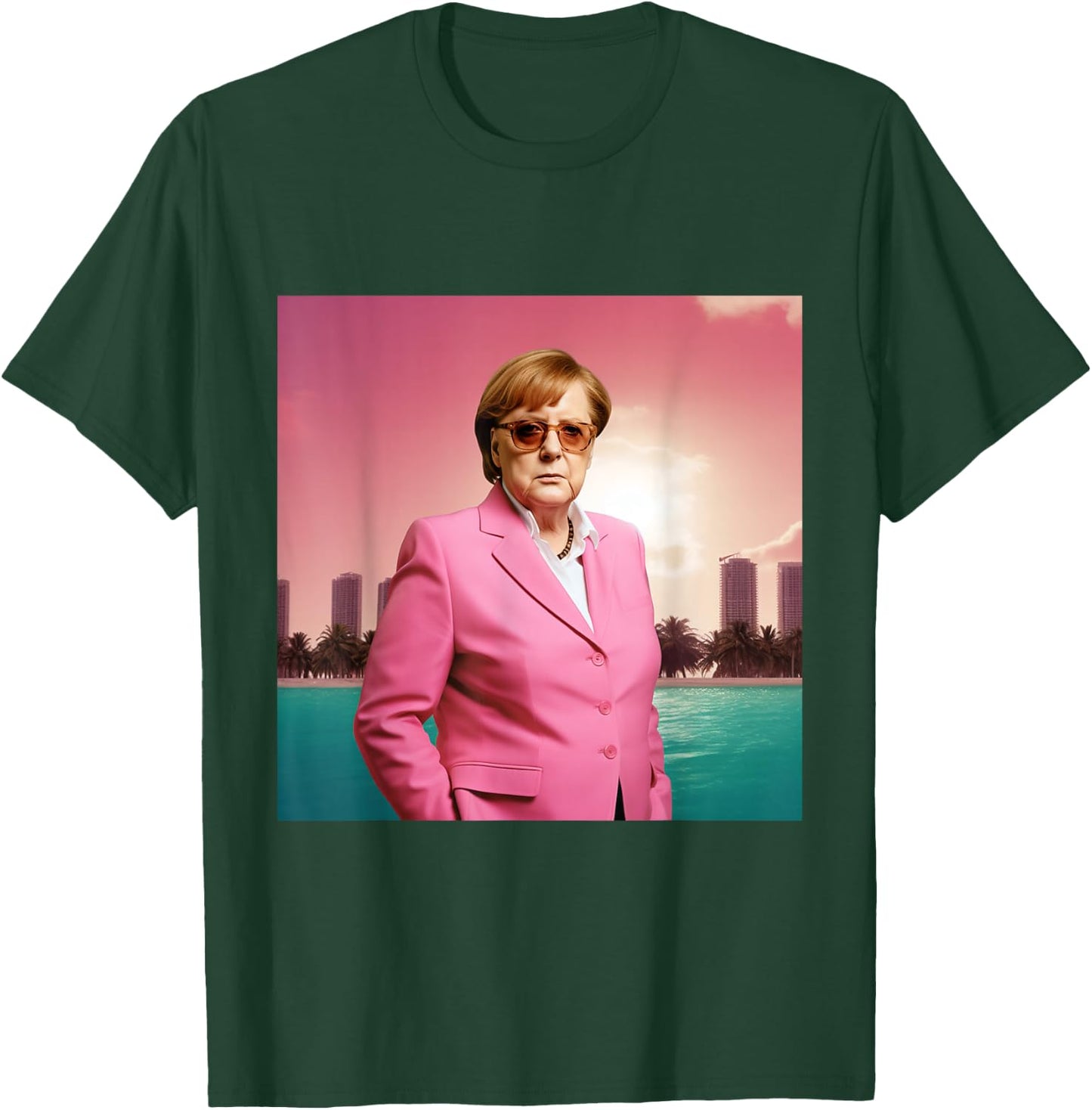 Angela Merkel Wearing Pink Suit in Miami, Digital Art , black T-Shirt - T-Shirt | Forest