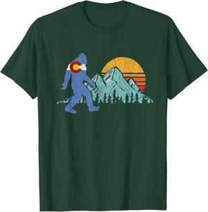 Retro Bigfoot Sun & Mountain State Flag of Colorado Graphic T-Shirt - T-Shirt | Forest