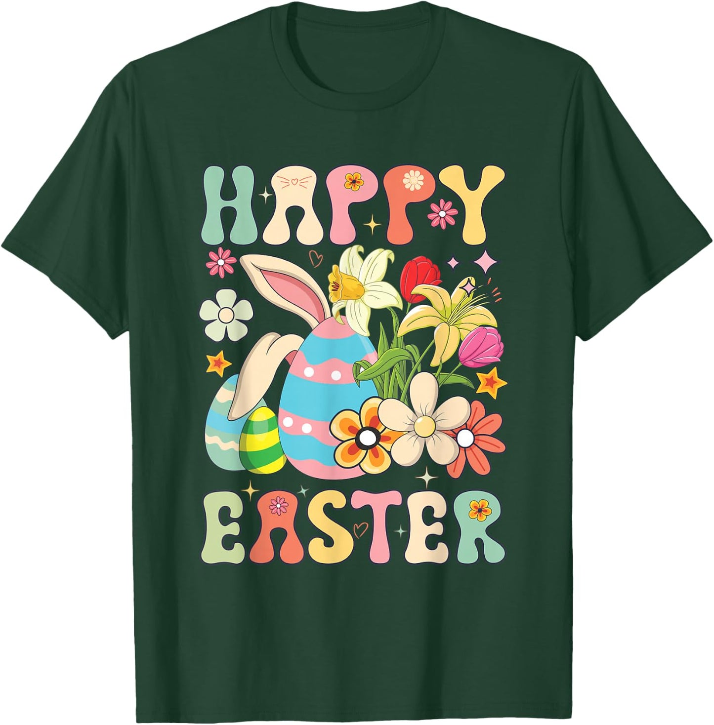 Happy Easter Bunny Rabbit Eggs Groovy Matching Easter Day T-Shirt - T-Shirt | Forest