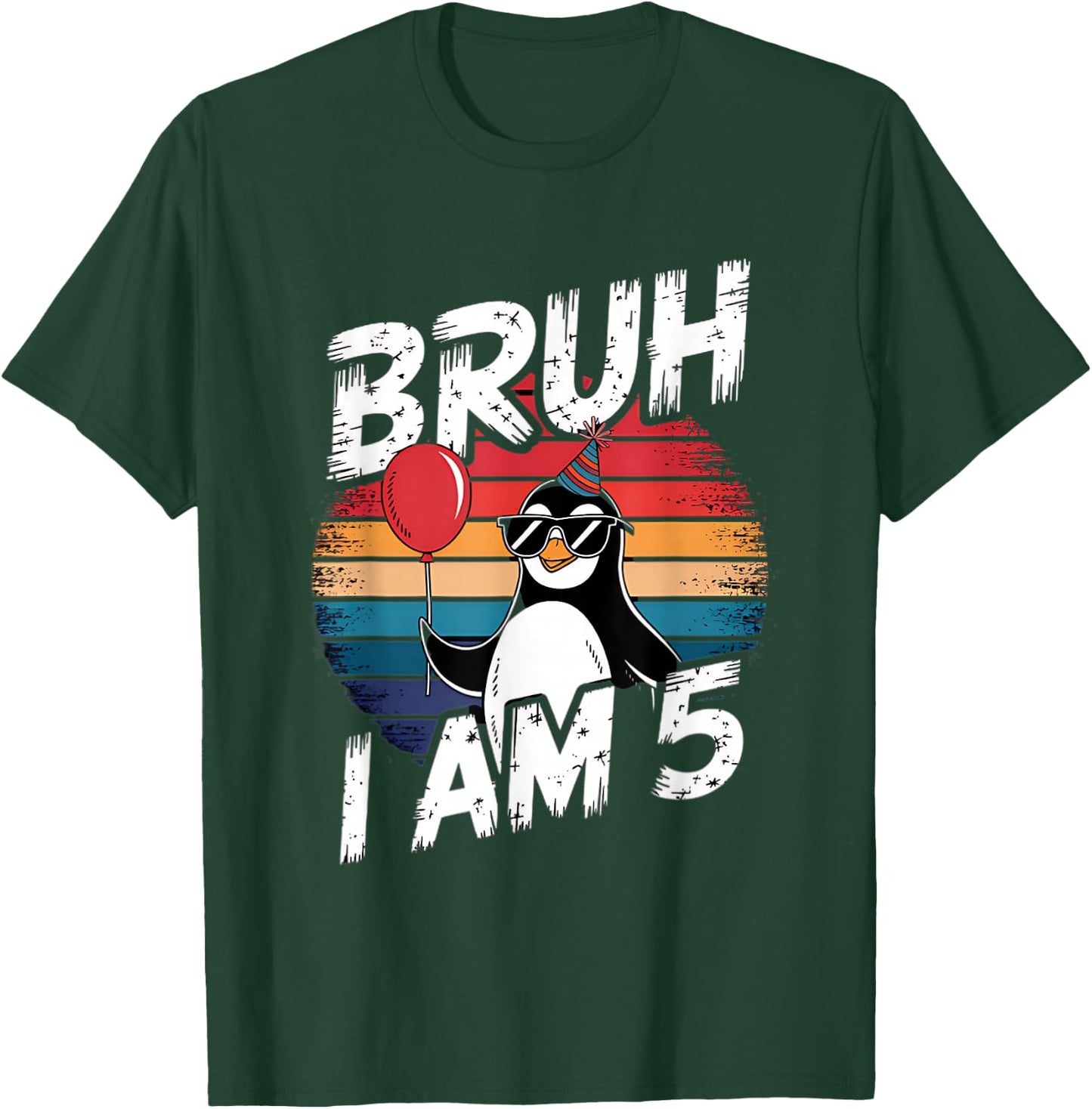 Bruh I Am 5 Penguin Kids 5th Birthday Party Retro Sunset T-Shirt - T-Shirt | Forest