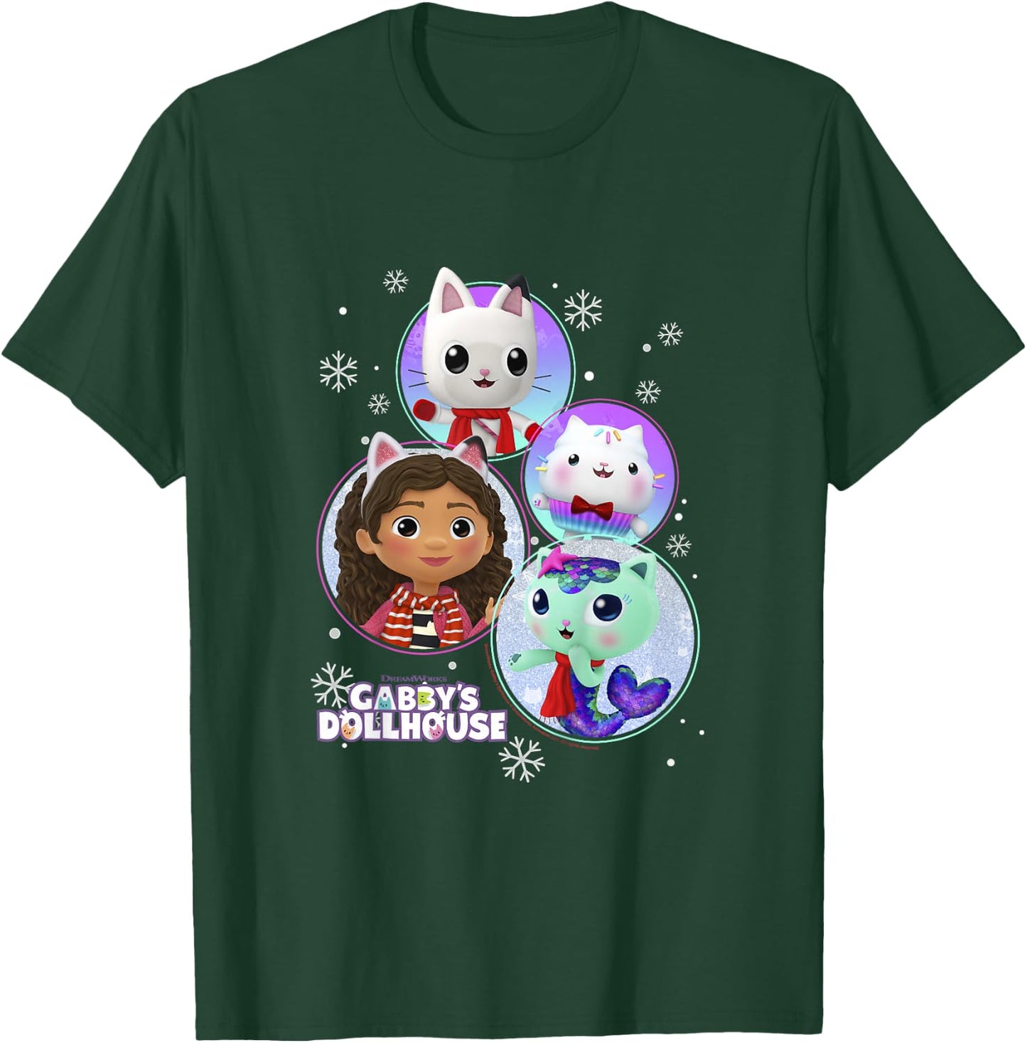 Kids Gabby's Dollhouse Group Christmas Character Snowflake Panels T-Shirt - T-Shirt | Forest
