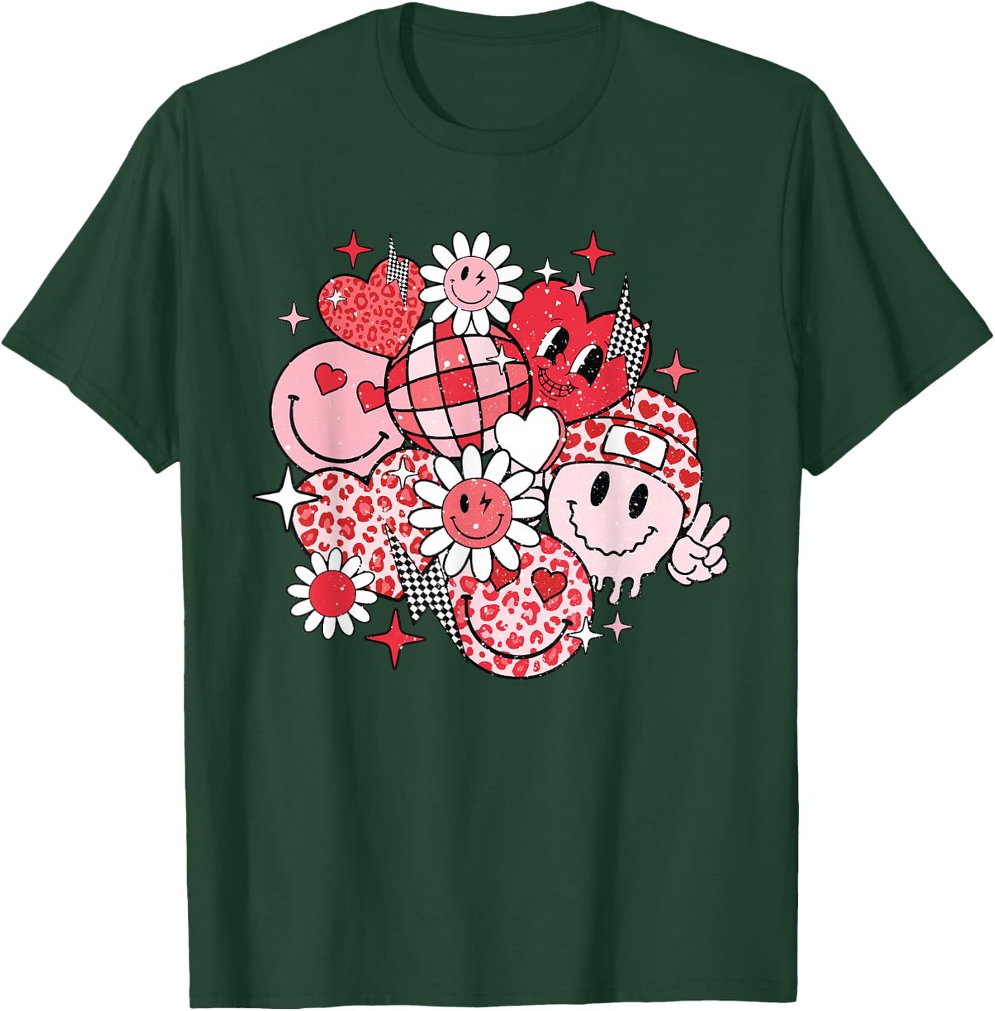 Smile Face Valentines Day Vibes Leopard Flower Groovy Retro T-Shirt - T-Shirt | Forest