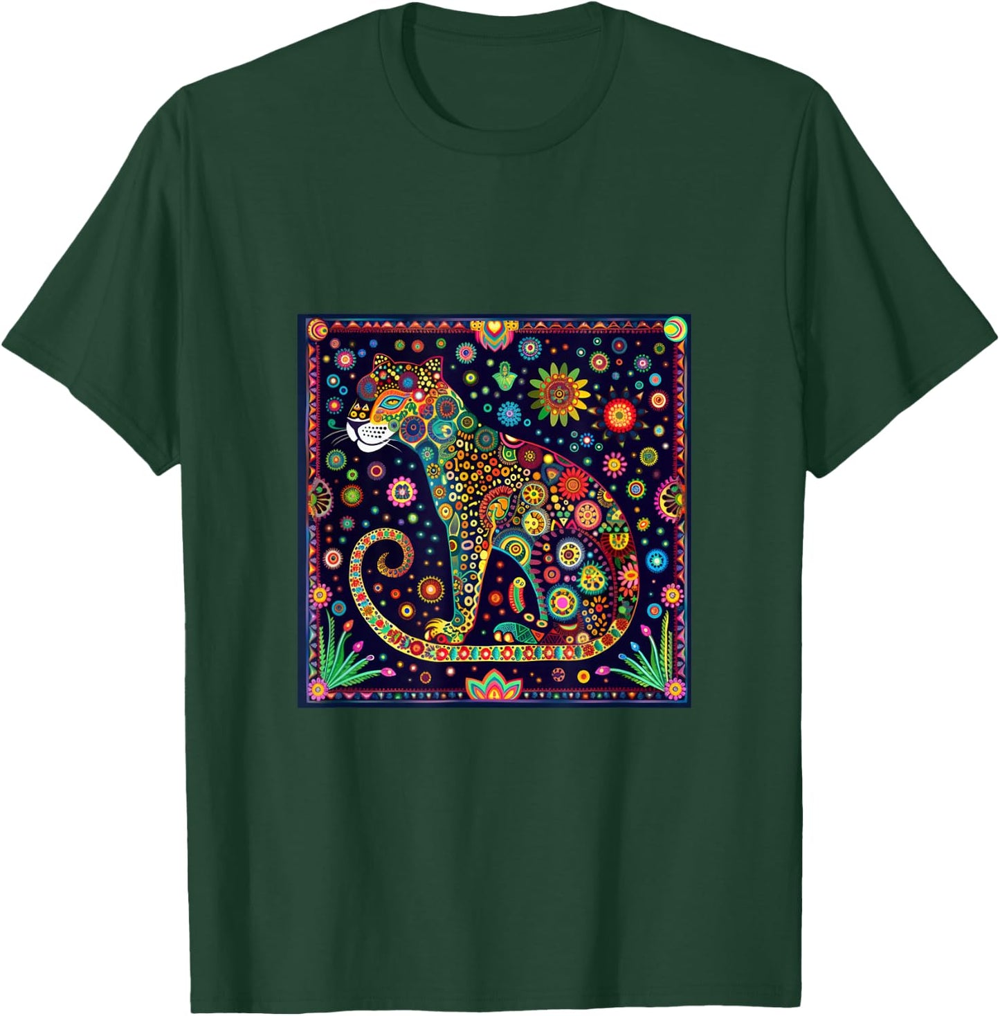 Jaguar Head Huichol Art Mexico Aztec Mayas T-Shirt - T-Shirt | Forest