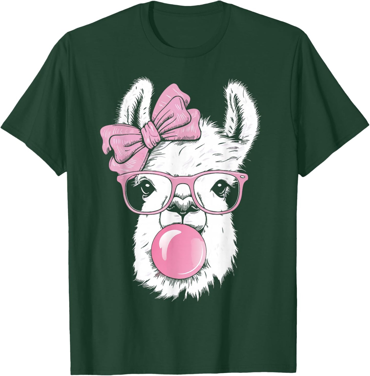 Llama Wearing Glasses and Blowing Pink Bubble Gum T-Shirt - T-Shirt | Forest