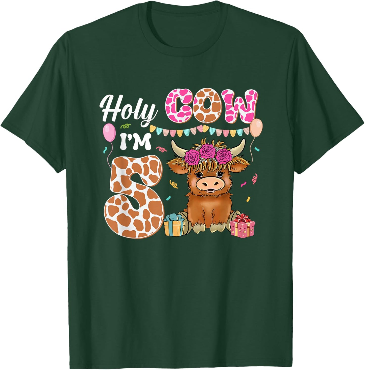 Holy Cow I'm 5 Highland Cow Farming 5th Birthday 5 Years Old T-Shirt - T-Shirt | Forest