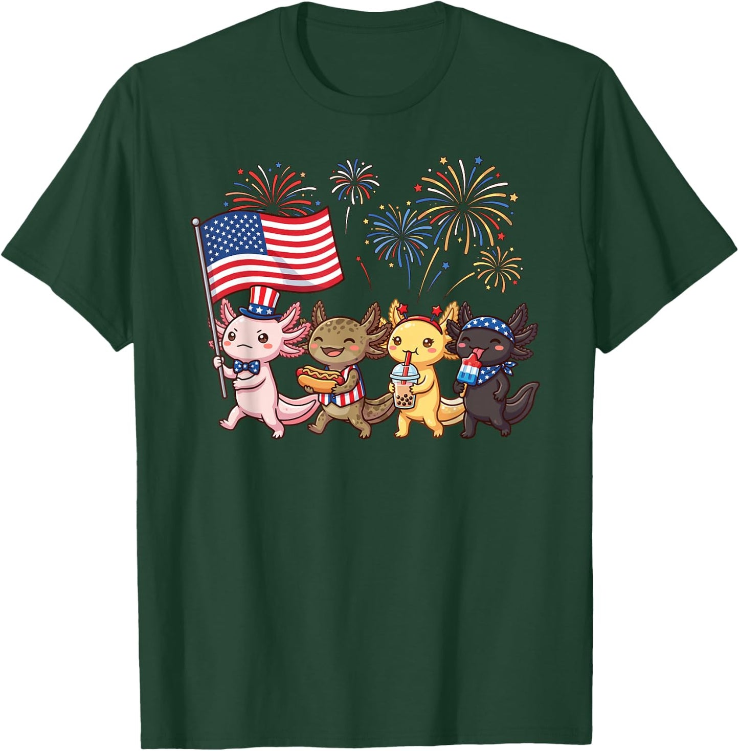 Kawaii Patriotic Axolotls Celebrating 4th of July Fireworks T-Shirt - T-Shirt | Forest