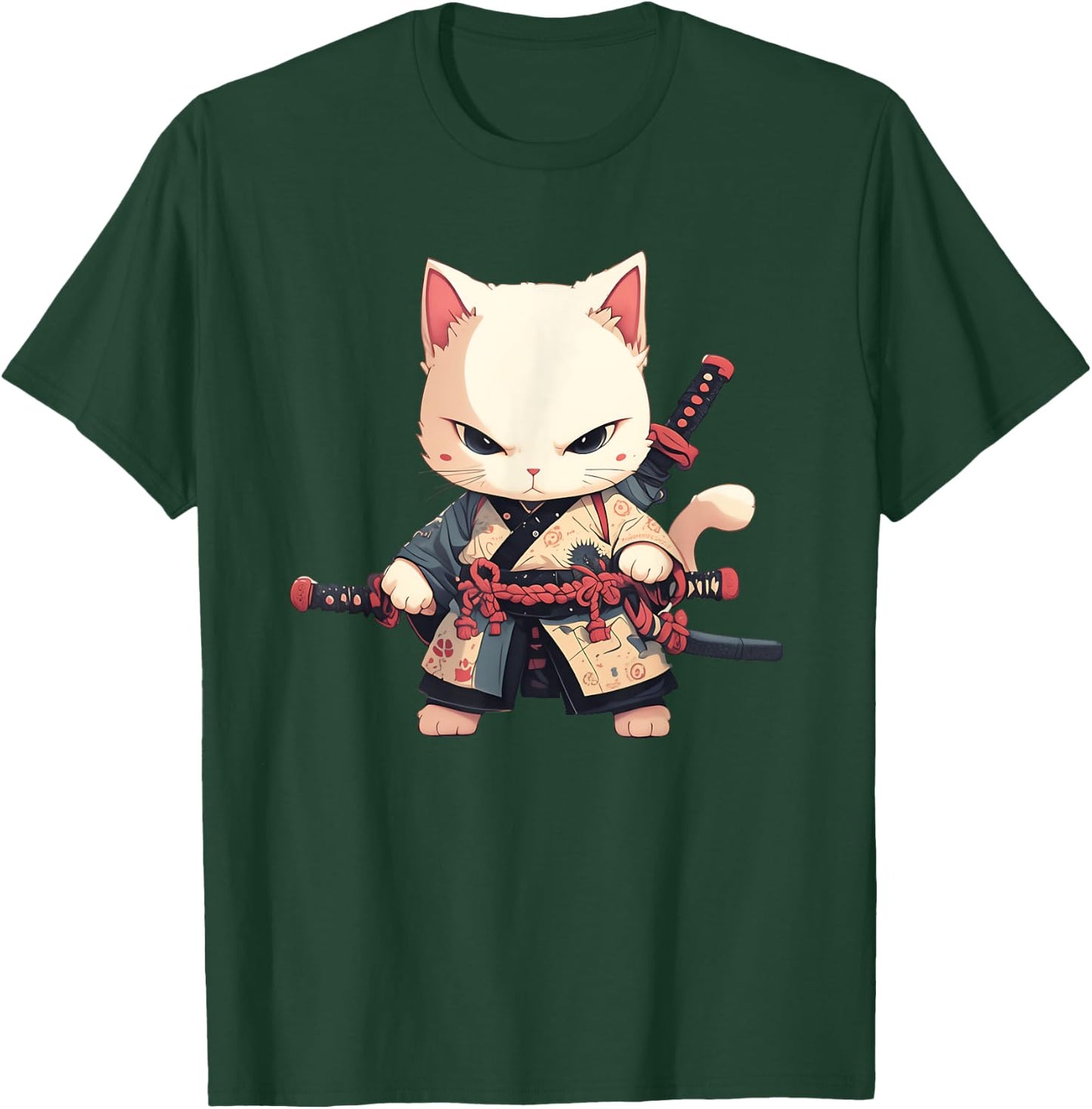 Japanese Samurai Cat Kawaii Ninja Cat Neko Men Women Girls Kids T-Shirt - T-Shirt | Forest