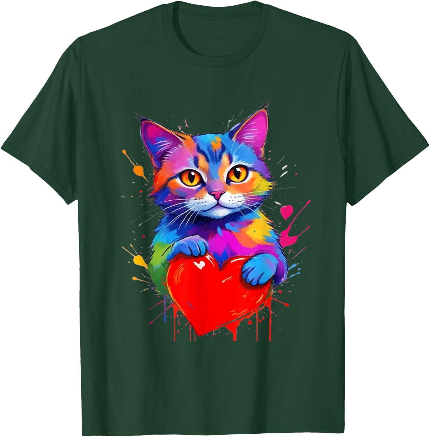 Cat Shirt - Colorful Graphic Cat Heart Shape , Black, S T-Shirt - T-Shirt | Forest