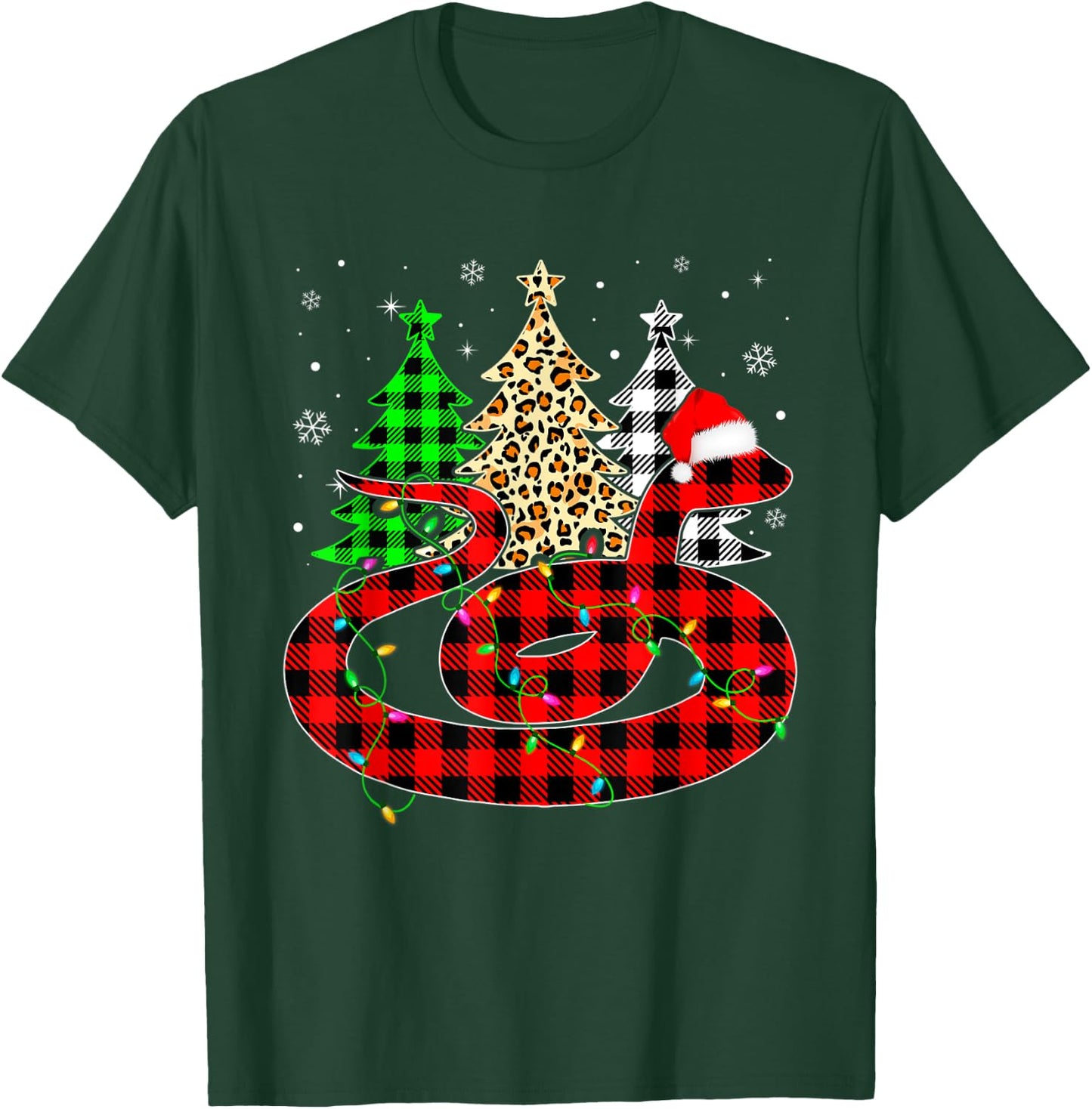 Cute Snake Santa Hat Christmas Tree Lights Xmas Plaid T-Shirt - T-Shirt | Forest