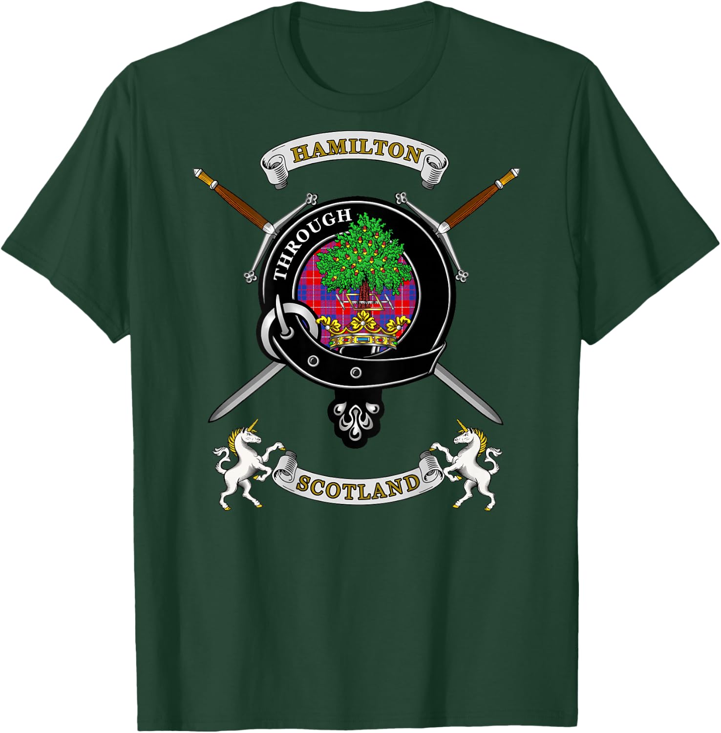 Hamilton Scottish Clan Badge Tartan & Swords (Back) T-Shirt - T-Shirt | Forest