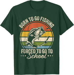 Funny Teen Boys Fishing Born To Go Fishing Forced School T-Shirt - T-Shirt | Forest