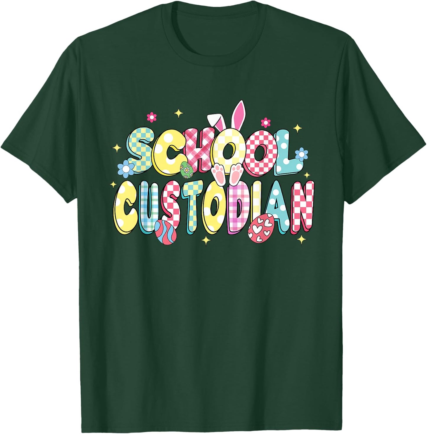 Retro Groovy School Custodian Bunny Ear Funny Easter Gifts T-Shirt - T-Shirt | Forest