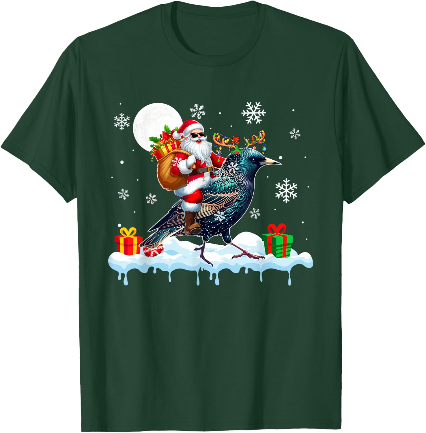 Santa Sunglasses Riding Reindeer Starling Bird Enthusiast T-Shirt - T-Shirt | Forest