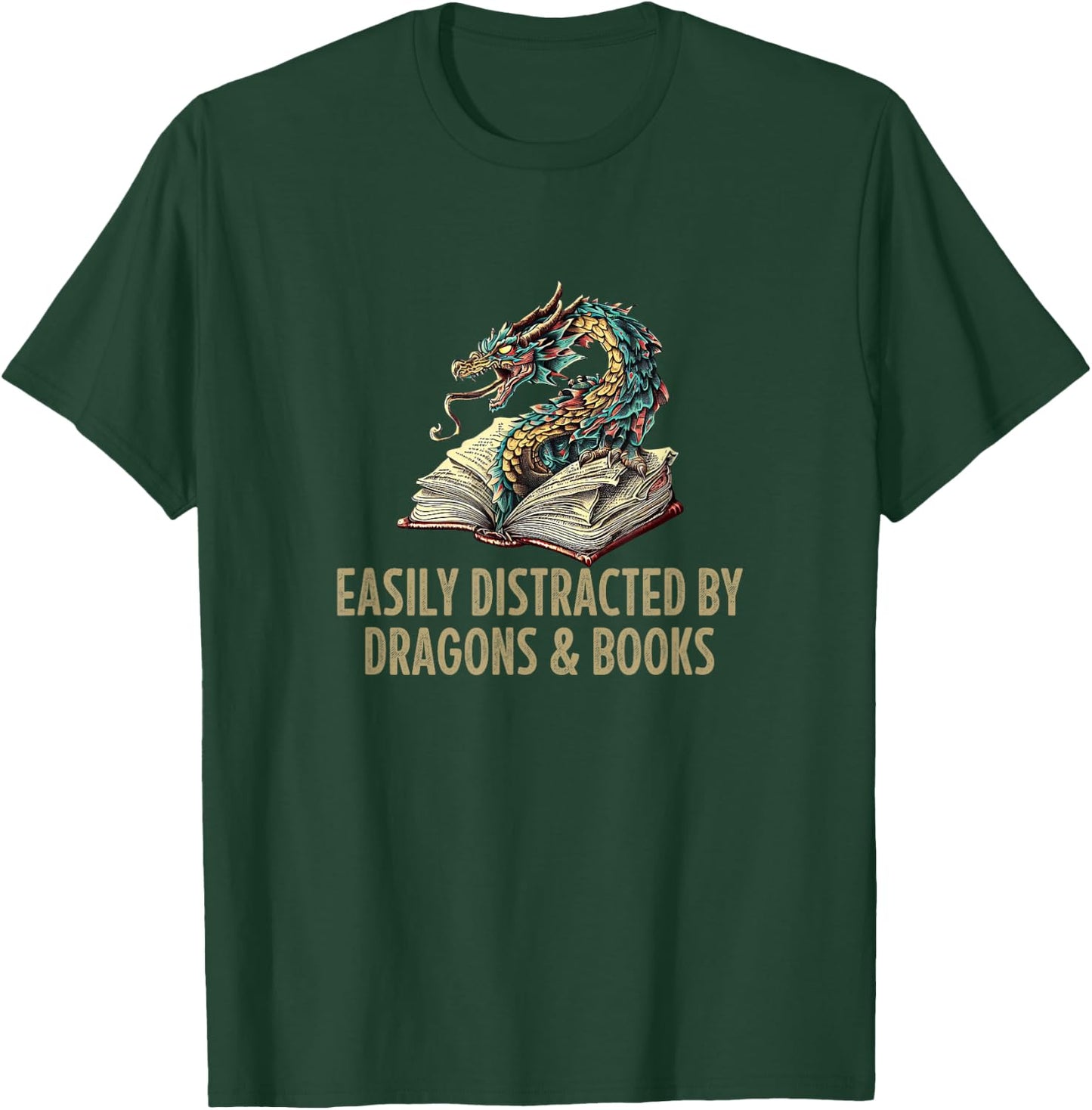 Easily Distracted By Dragons & Books - Vintage Style T-Shirt - T-Shirt | Forest