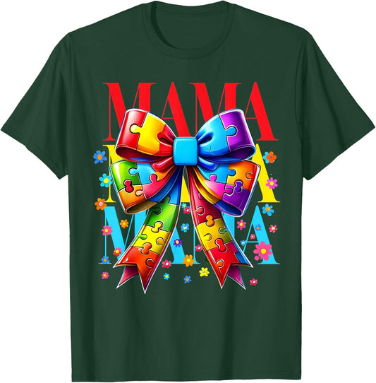 Autism Mom Puzzle Piece Coquette Bow Ribbon Autism Mama Kids T-Shirt - T-Shirt | Forest