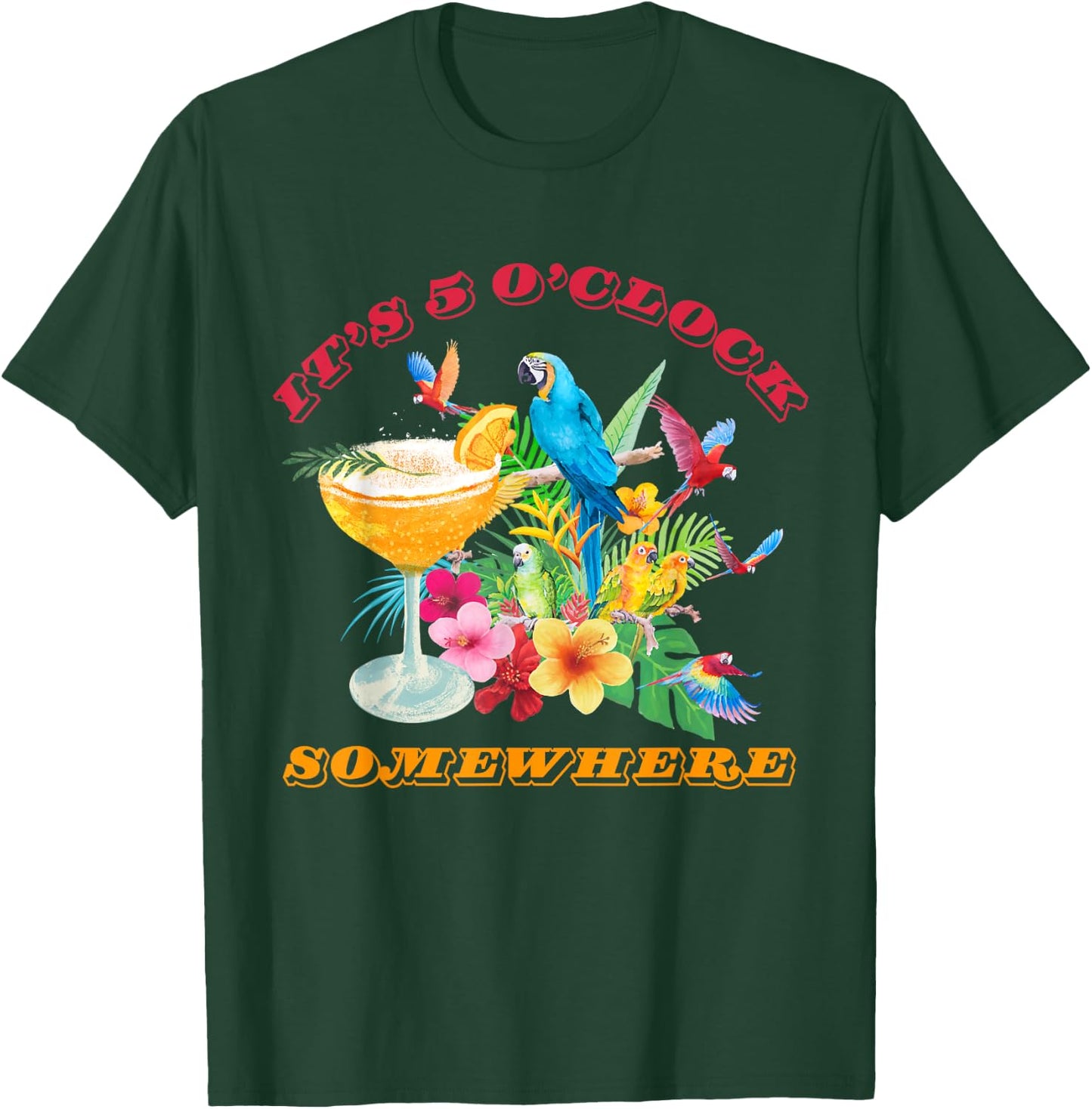 It's 5 O'clock Somewhere Parrot Sunset Drinking Summer Retro Men Women T-Shirt - T-Shirt | Forest