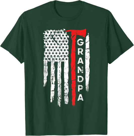 Proud Grandpa Thin Red Line Firefighter Axe American Flag Girls Kids Men T-Shirt - T-Shirt | Forest
