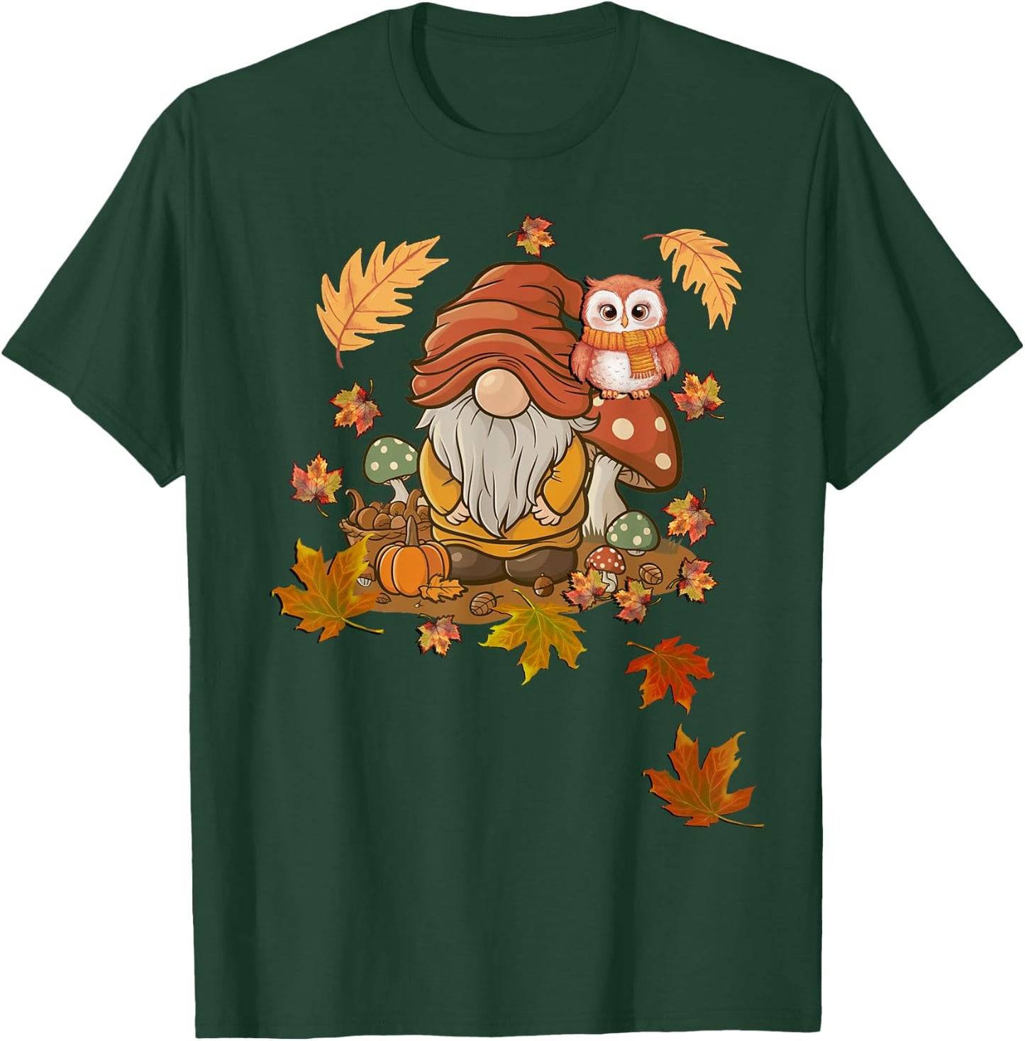 Autumn Season Design Leaves, Owls and Cute Fall Gnome T-Shirt - T-Shirt | Forest