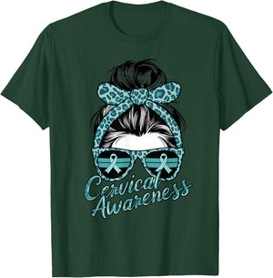 Cervical Cancer Awareness Scarf Leopard Girl Teal Ribbon T-Shirt - T-Shirt | Forest
