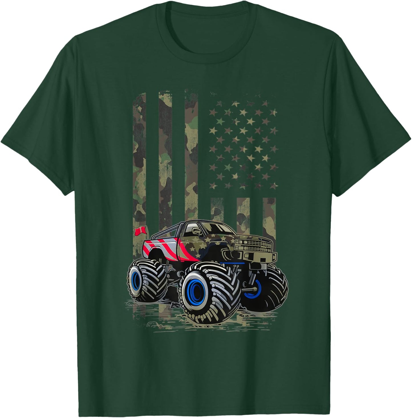 USA Flag Monster Truck Army Camouflage, Monster Trucks Lover T-Shirt - T-Shirt | Forest