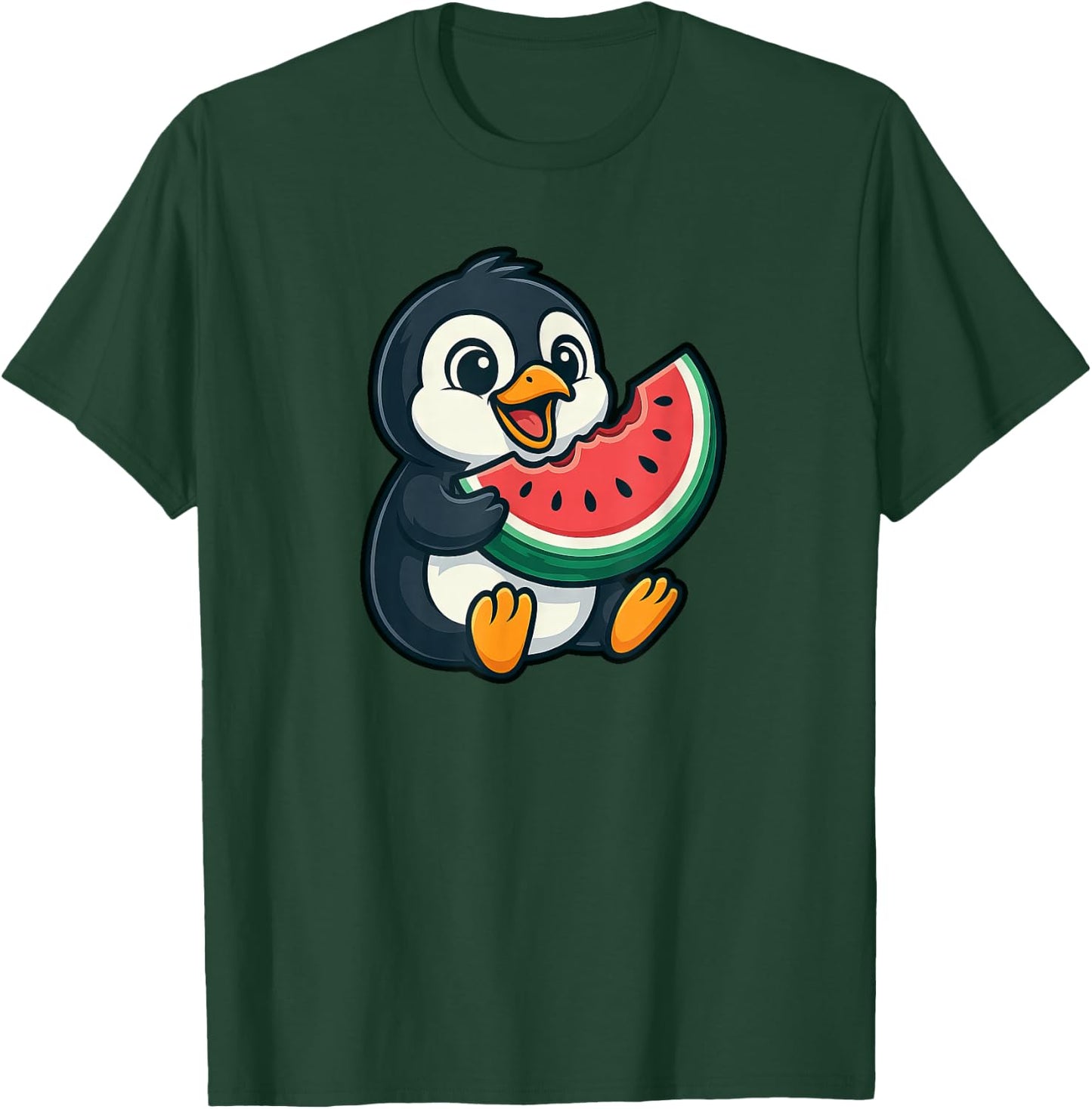 Cute Penguin Eating Watermelon Slice Cartoon T-Shirt - T-Shirt | Forest