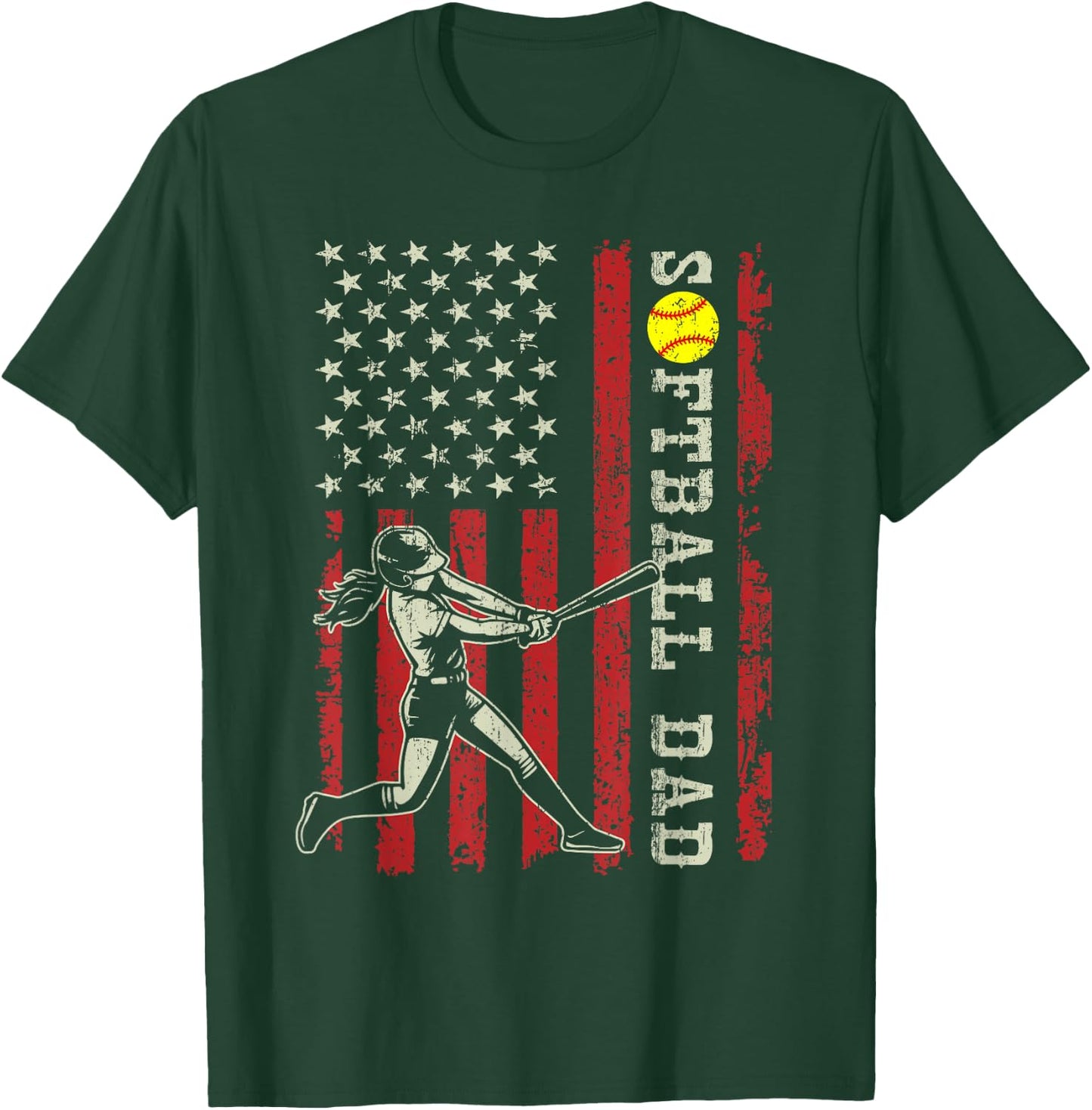 Vintage Softball Dad American Flag Fathers Day Patriotic Men T-Shirt - T-Shirt | Forest