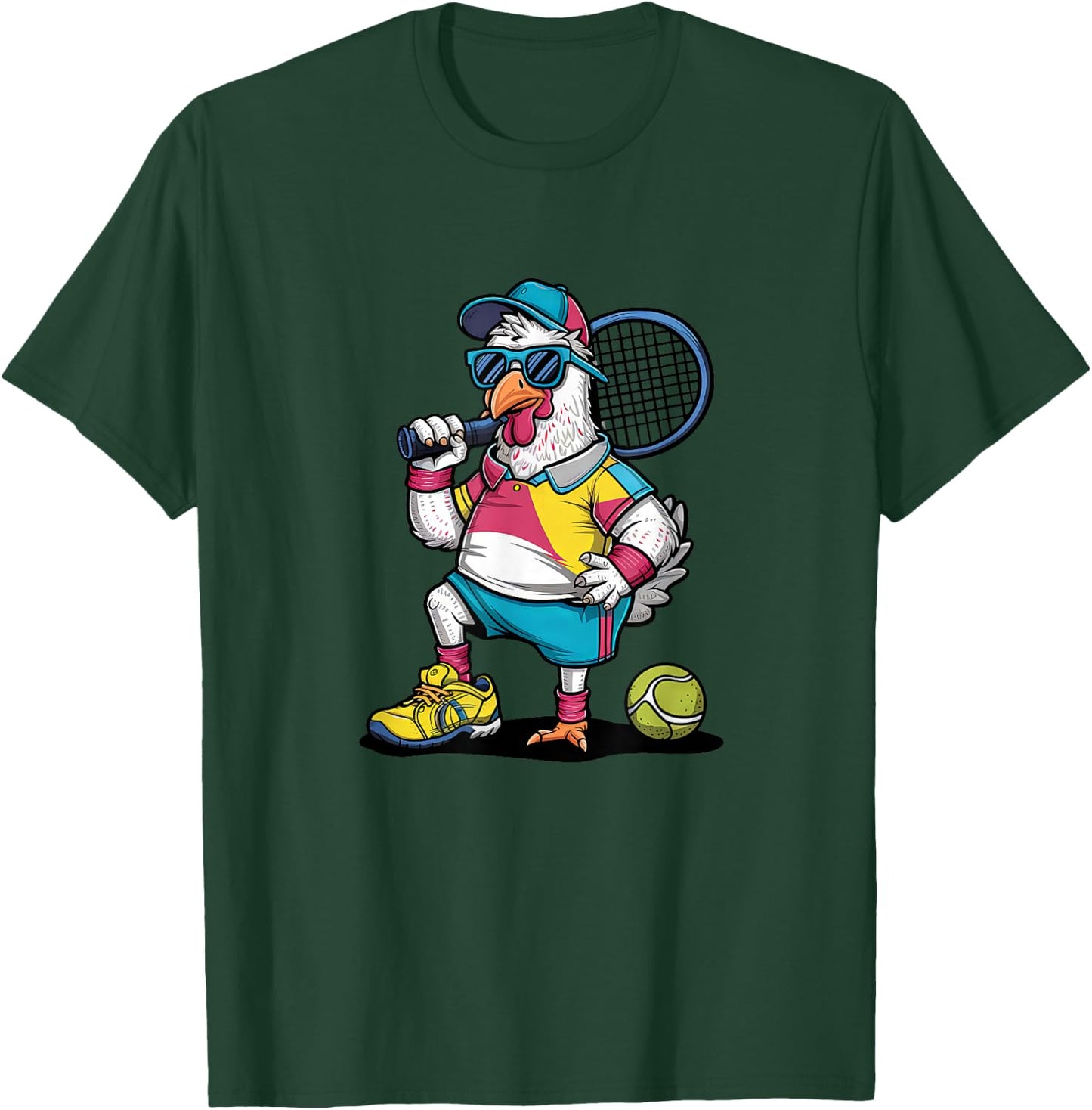 Tennis Rooster Funny Sports Animal Cartoon Art Design T-Shirt - T-Shirt | Forest