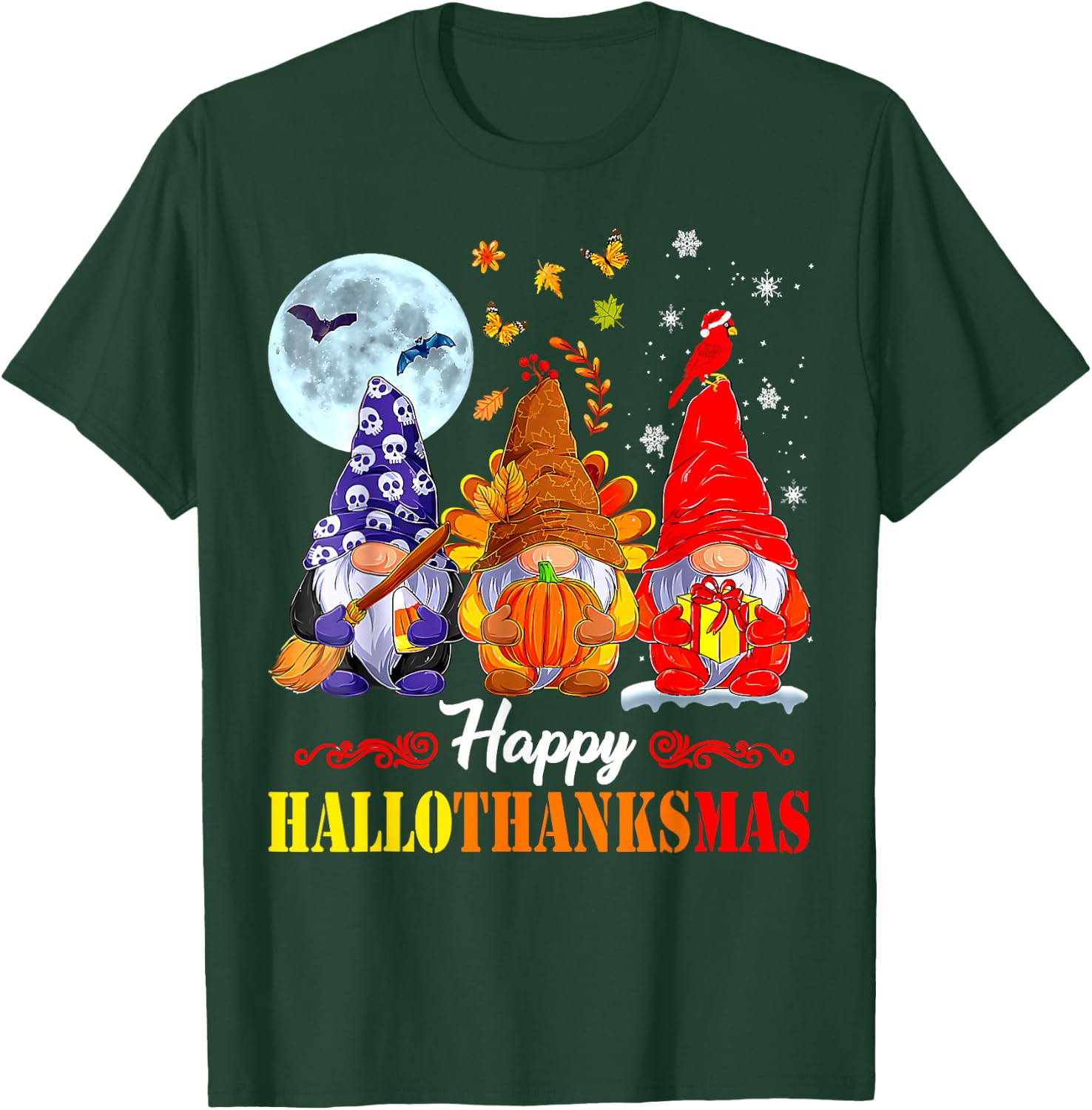 Halloween Thanksgiving Christmas Happy HalloThanksMas Gnomes T-Shirt - T-Shirt | Forest