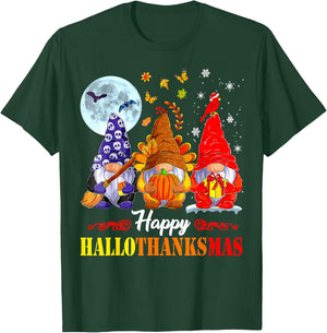 Halloween Thanksgiving Christmas Happy HalloThanksMas Gnomes T-Shirt - T-Shirt | Forest