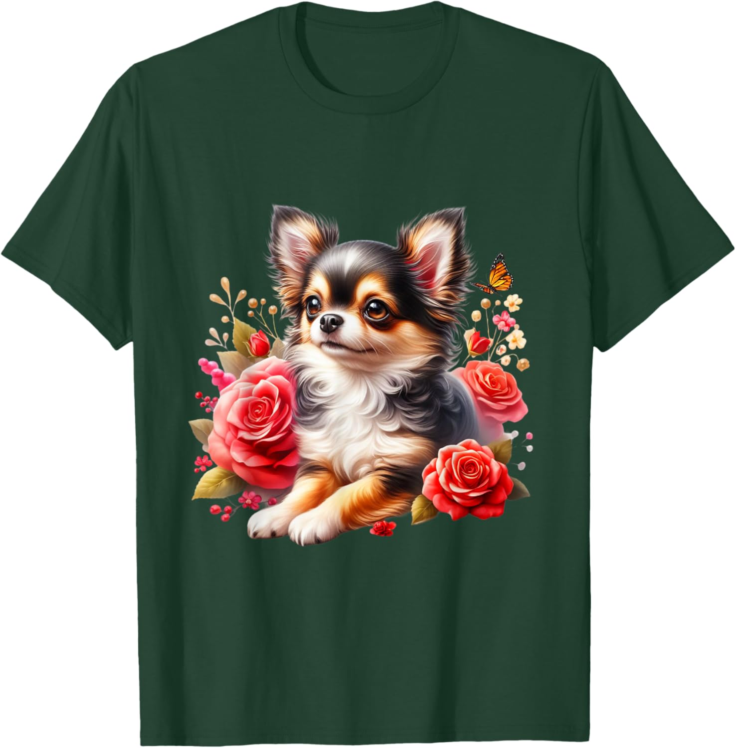Chihuahua Floral Watercolor Adorable Long Hair Chihuahua T-Shirt - T-Shirt | Forest