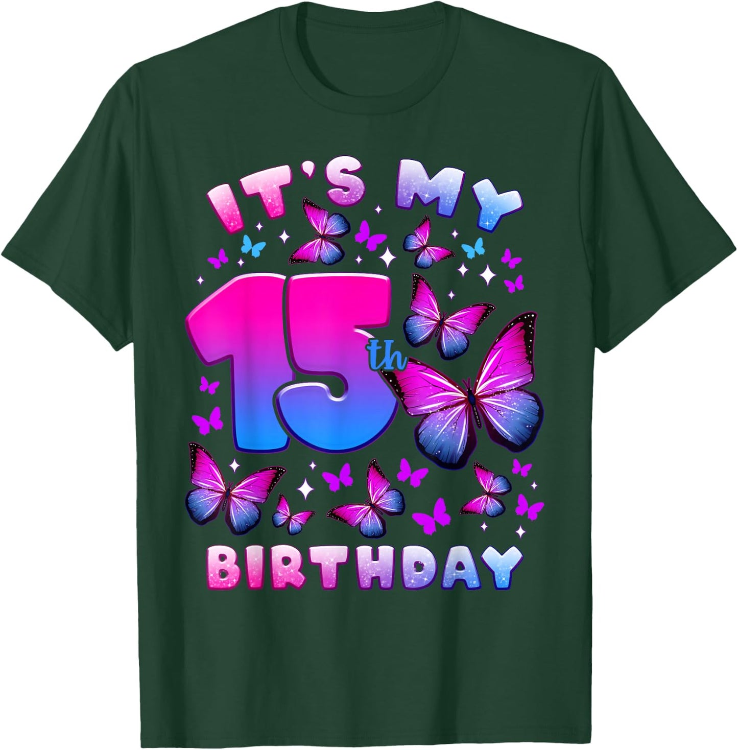 Birthday Girl 15 Years Old Butterfly Number 15 T-Shirt - T-Shirt | Forest