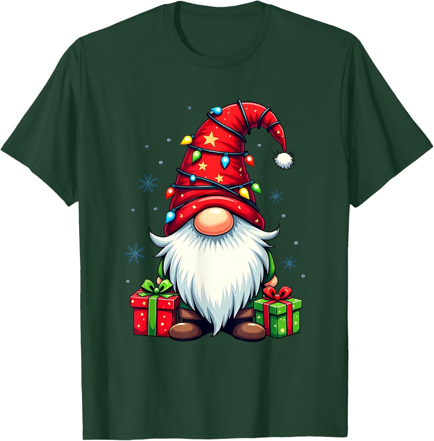 Festive Christmas Gnome with Lights and Snowflakes , black T-Shirt - T-Shirt | Forest