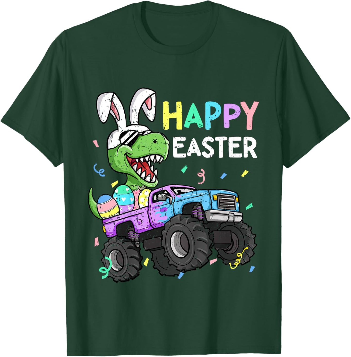 Kids Boys Happy Easter T-Rex Bunny Monster Truck Rabbit Ears T-Shirt - T-Shirt | Forest