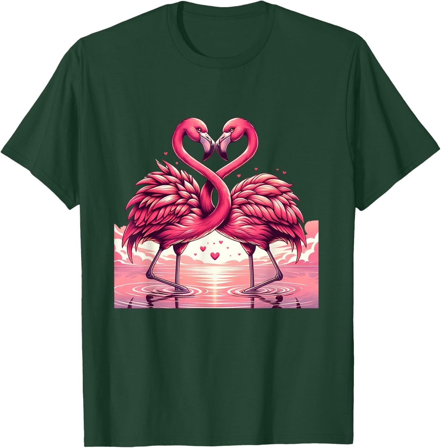 Adorable Flamingo Pair Embrace Valentine Hearts T-Shirt - T-Shirt | Forest