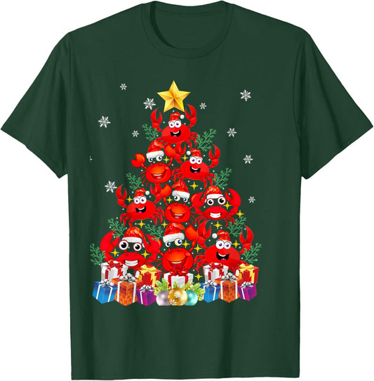 Funny Crab Christmas Tree Lights With Santa Hat T-Shirt - T-Shirt | Forest