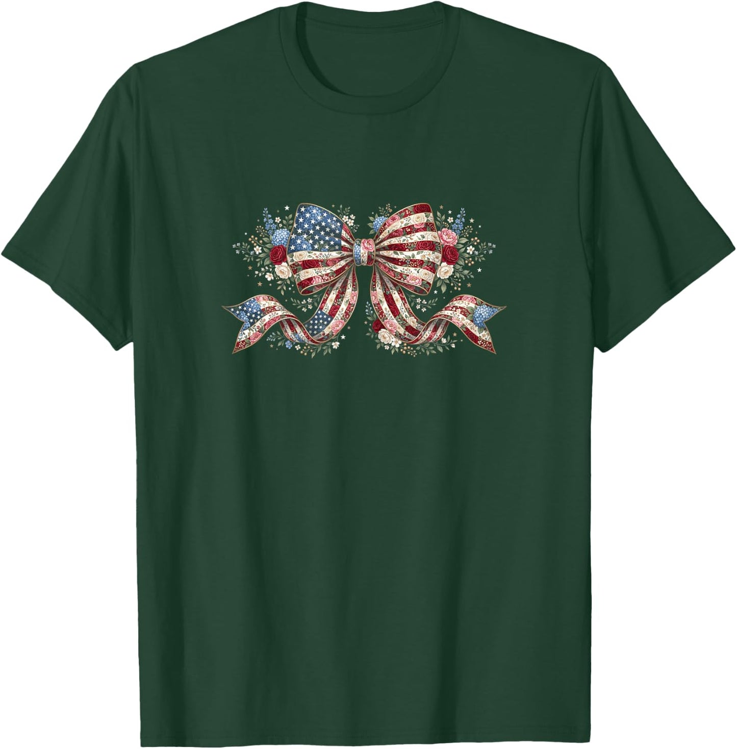USA Floral Coquette Bow American Flag Flower 4th of July T-Shirt - T-Shirt | Forest