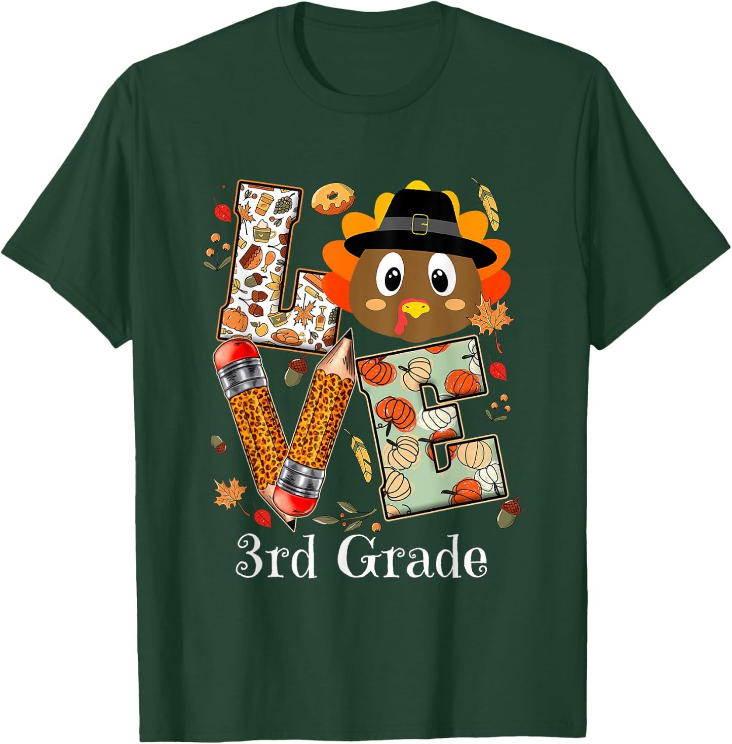 Love 3rd Grade Happy Fall Thanksgiving Women Teacher T-Shirt - T-Shirt | Forest