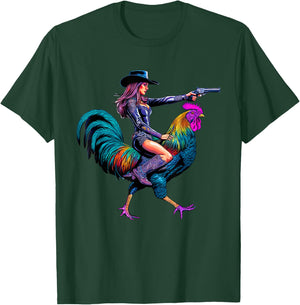 Rooster Cowboy Cowgirl Riding Chicken Whimsical Western T-Shirt - T-Shirt | Forest