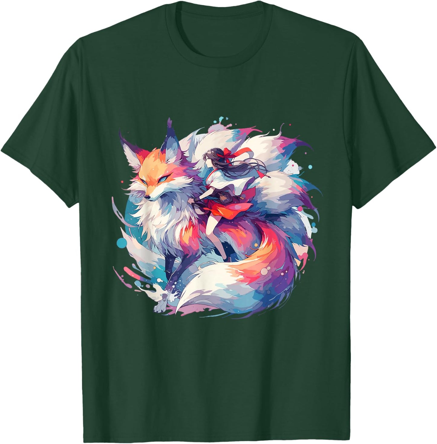 Anime Kitsune Girl On Nine-tailed Fox T-Shirt - T-Shirt | Forest