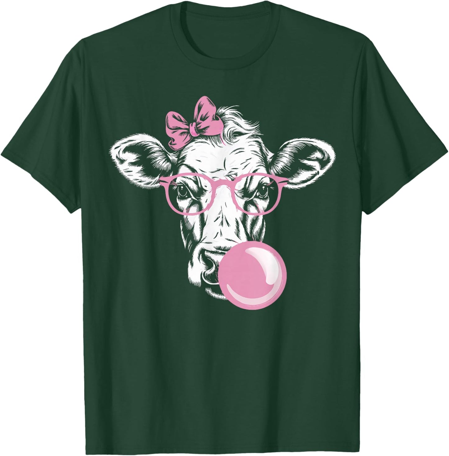 Cow Wearing Glasses and Blowing Pink Bubble Gum T-Shirt - T-Shirt | Forest