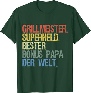 Bonus Papa für Vatertag & Geburtstag - Grillmeister Superheld - Schwarz, Kurzarm, Klein, EU 41, Klassische Passform, , Baumwolle T-Shirt - T-Shirt | Forest